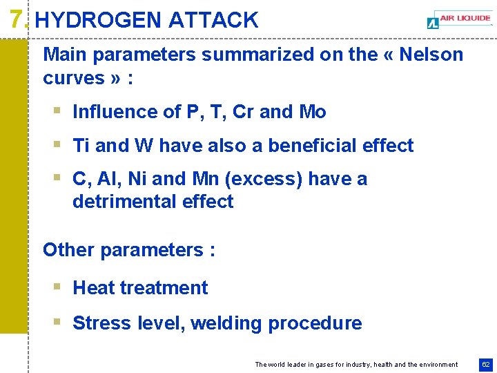 7. HYDROGEN ATTACK Main parameters summarized on the « Nelson curves » : §