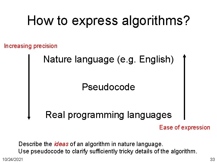 How to express algorithms? Increasing precision Nature language (e. g. English) Pseudocode Real programming