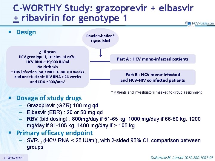 C-WORTHY Study: grazoprevir + elbasvir + ribavirin for genotype 1 § Design Randomisation* Open-label