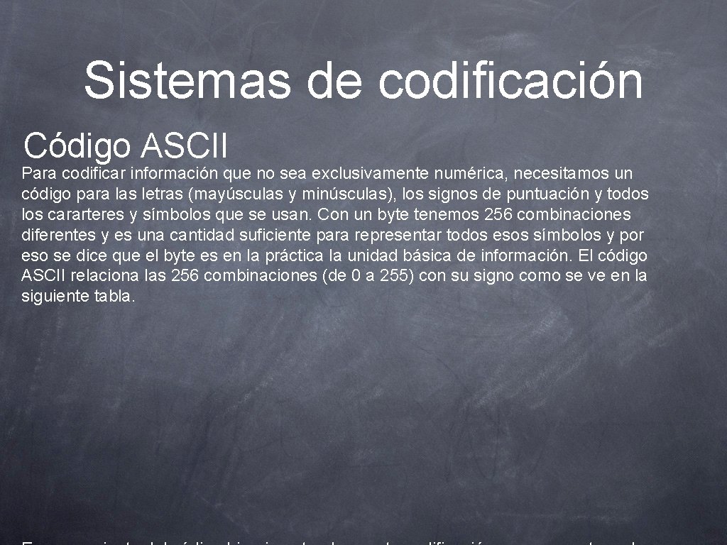 Sistemas de codificación Código ASCII Para codificar información que no sea exclusivamente numérica, necesitamos