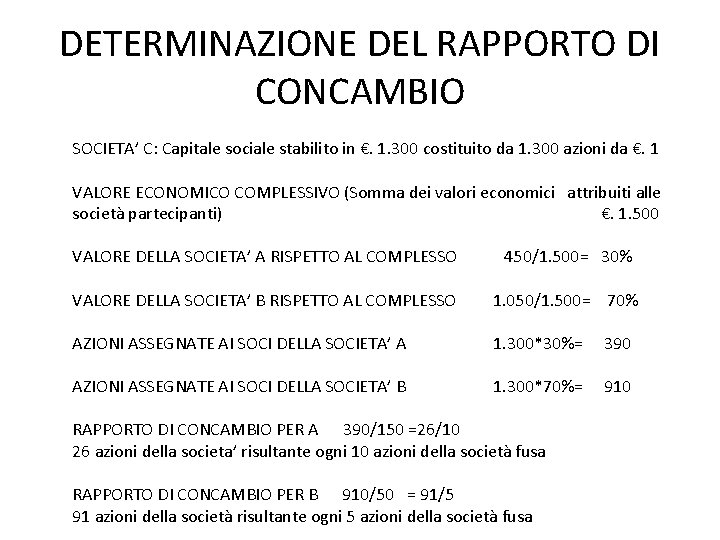 DETERMINAZIONE DEL RAPPORTO DI CONCAMBIO SOCIETA’ C: Capitale sociale stabilito in €. 1. 300