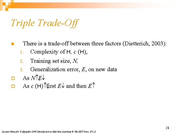 Triple Trade-Off n There is a trade-off between three factors (Dietterich, 2003): 1. Complexity