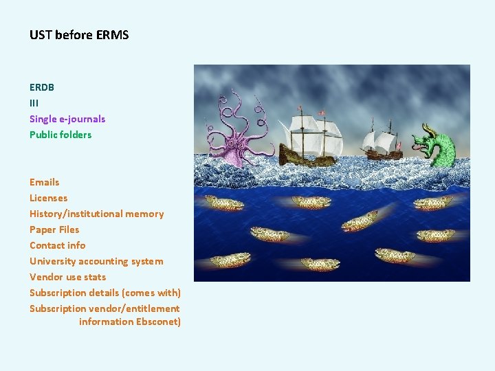 UST before ERMS ERDB III Single e-journals Public folders Emails Licenses History/institutional memory Paper