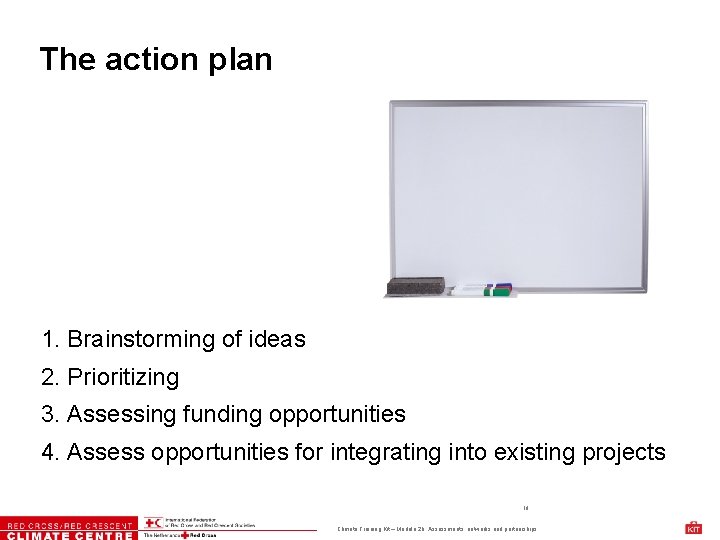 The action plan 1. Brainstorming of ideas 2. Prioritizing 3. Assessing funding opportunities 4.