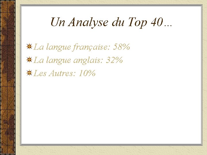 Un Analyse du Top 40… La langue française: 58% La langue anglais: 32% Les