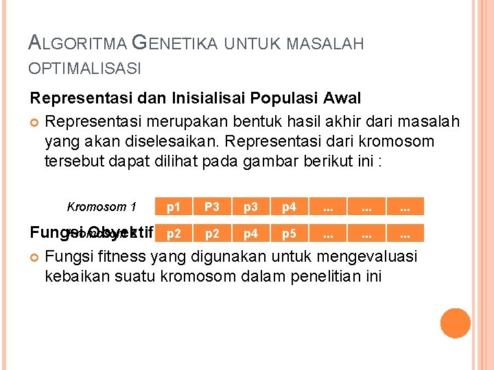 ALGORITMA GENETIKA UNTUK MASALAH OPTIMALISASI Representasi dan Inisialisai Populasi Awal Representasi merupakan bentuk hasil