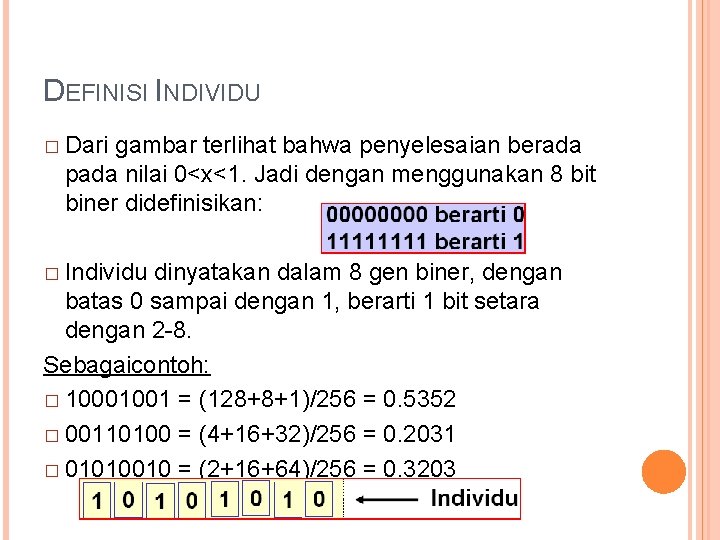 DEFINISI INDIVIDU � Dari gambar terlihat bahwa penyelesaian berada pada nilai 0<x<1. Jadi dengan