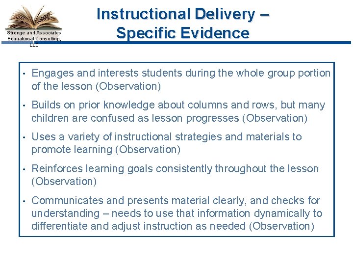 Stronge and Associates Educational Consulting, LLC Instructional Delivery – Specific Evidence • Engages and