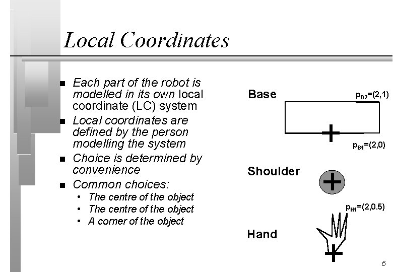 Local Coordinates n n Each part of the robot is modelled in its own