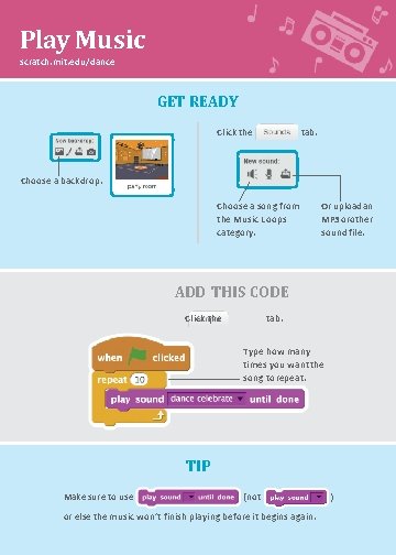 Play Music scratch. mit. edu/dance GET READY Click the tab. Choose a backdrop. Choose