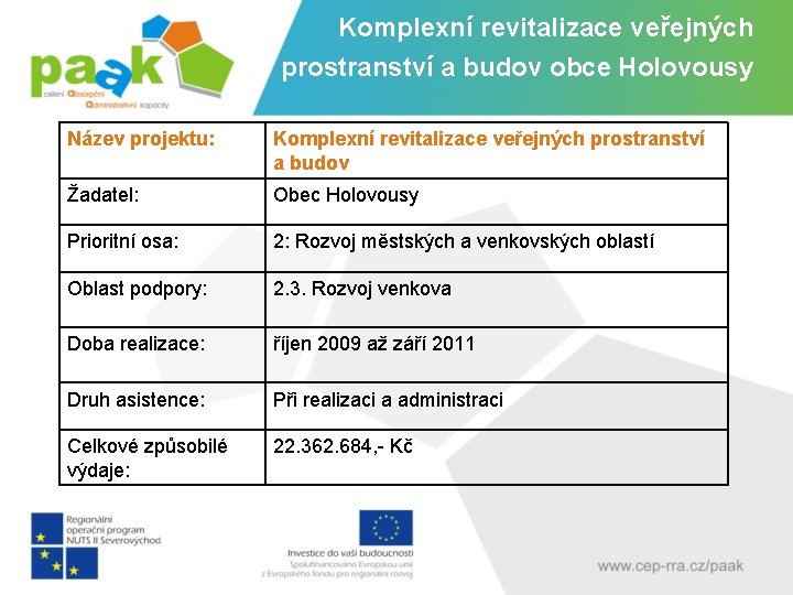 Komplexní revitalizace veřejných prostranství a budov obce Holovousy Název projektu: Komplexní revitalizace veřejných prostranství