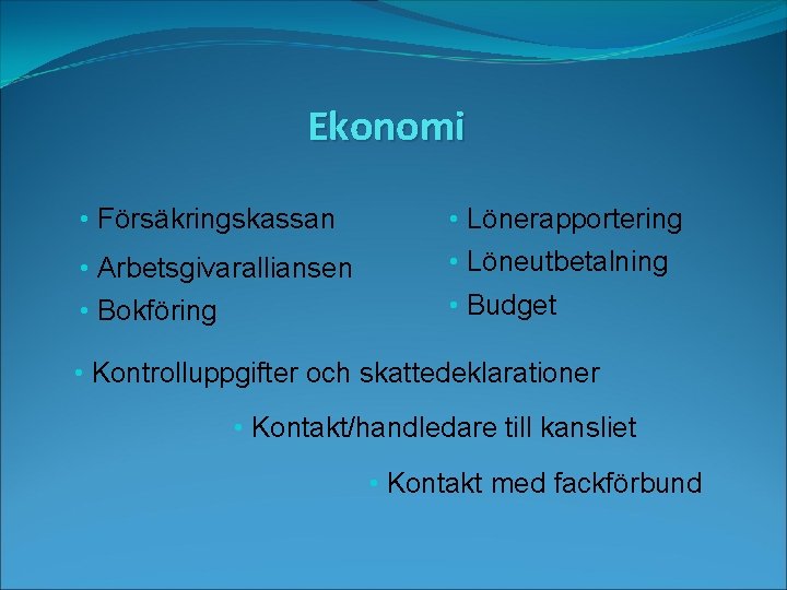 Ekonomi • Försäkringskassan • Lönerapportering • Arbetsgivaralliansen • Löneutbetalning • Bokföring • Budget •