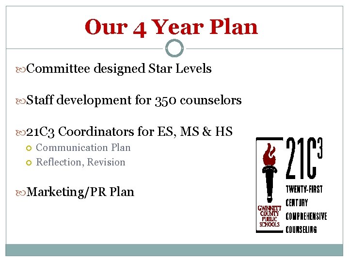 Our 4 Year Plan Committee designed Star Levels Staff development for 350 counselors 21