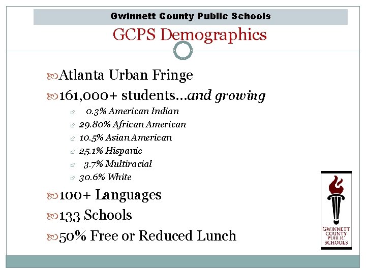Gwinnett County Public Schools GCPS Demographics Atlanta Urban Fringe 161, 000+ students…and growing 0.
