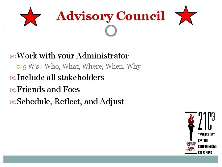Advisory Council Work with your Administrator 5 W’s: Who, What, Where, When, Why Include