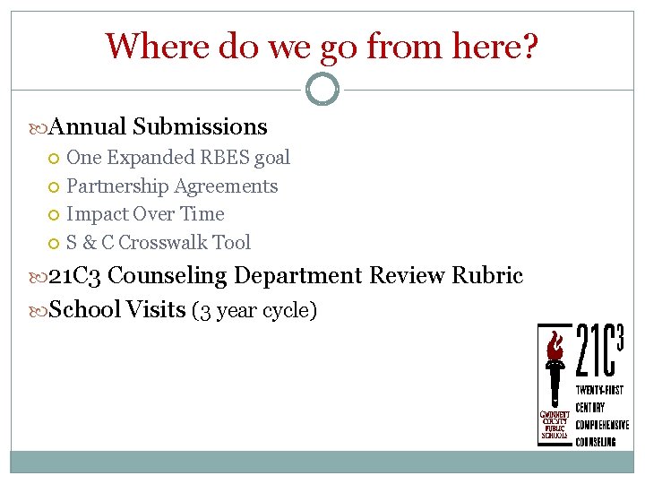 Where do we go from here? Annual Submissions One Expanded RBES goal Partnership Agreements