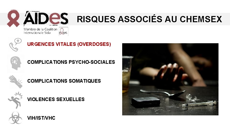 RISQUES ASSOCIÉS AU CHEMSEX URGENCES VITALES (OVERDOSES) COMPLICATIONS PSYCHO-SOCIALES COMPLICATIONS SOMATIQUES VIOLENCES SEXUELLES VIH/IST/VHC RISQUES ASSOCIÉS AU CHEMSEX URGENCES VITALES (OVERDOSES) COMPLICATIONS PSYCHO-SOCIALES COMPLICATIONS SOMATIQUES VIOLENCES SEXUELLES VIH/IST/VHC