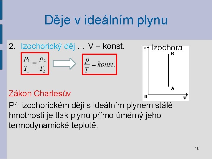 Děje v ideálním plynu 2. Izochorický děj … V = konst. Izochora Zákon Charlesův