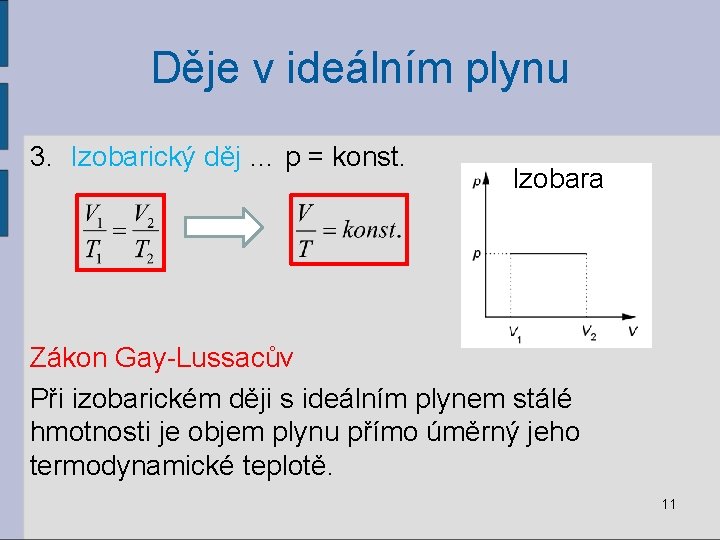 Děje v ideálním plynu 3. Izobarický děj … p = konst. Izobara Zákon Gay-Lussacův