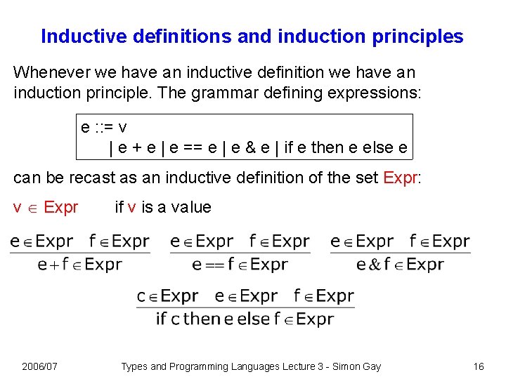 Inductive definitions and induction principles Whenever we have an inductive definition we have an