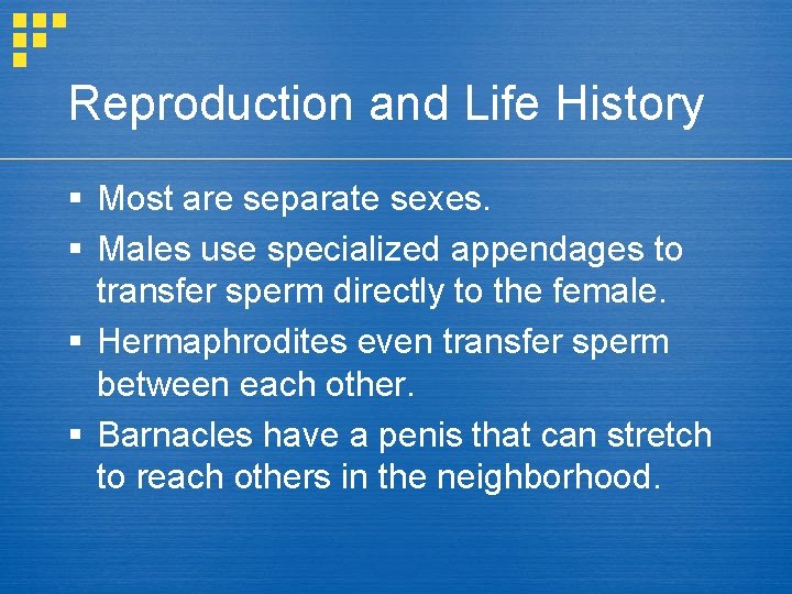 Reproduction and Life History § Most are separate sexes. § Males use specialized appendages