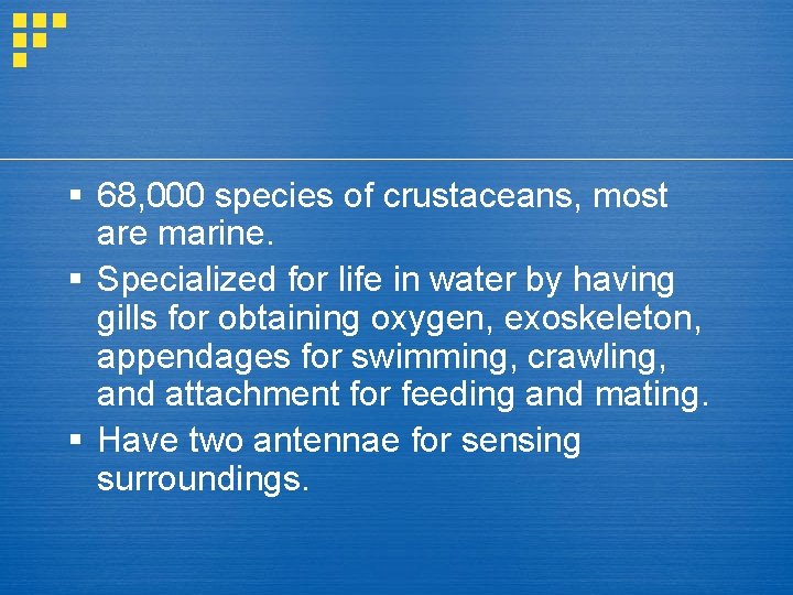 § 68, 000 species of crustaceans, most are marine. § Specialized for life in