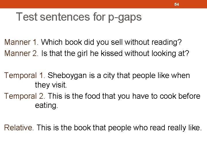 54 Test sentences for p-gaps Manner 1. Which book did you sell without reading?