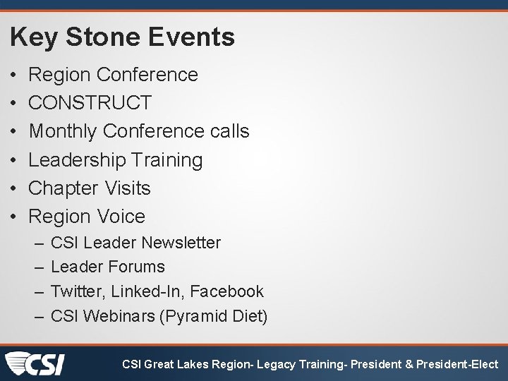 Key Stone Events • • • Region Conference CONSTRUCT Monthly Conference calls Leadership Training
