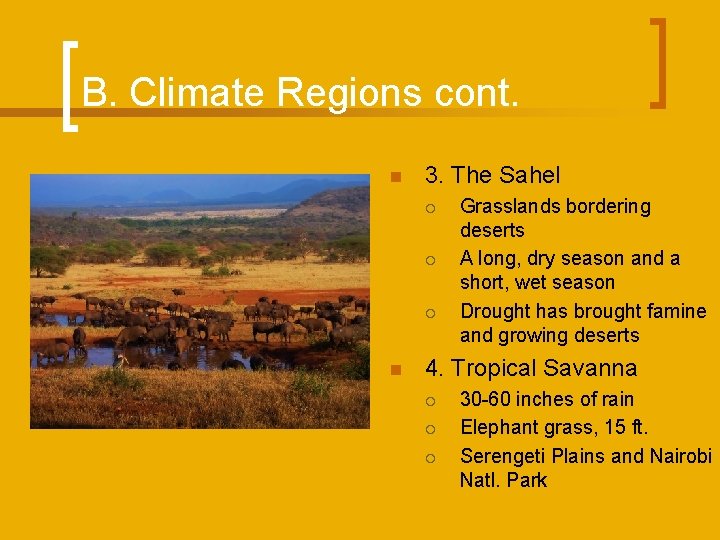 B. Climate Regions cont. n 3. The Sahel ¡ ¡ ¡ n Grasslands bordering