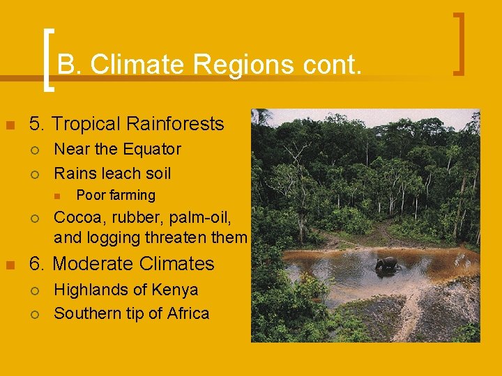 B. Climate Regions cont. n 5. Tropical Rainforests ¡ ¡ Near the Equator Rains