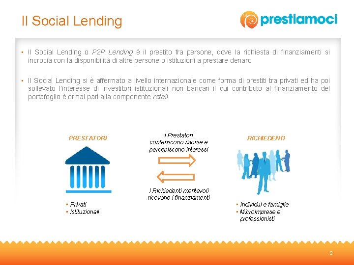Il Social Lending • Il Social Lending o P 2 P Lending è il