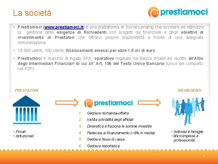 La società • Prestiamoci (www. prestiamoci. it) è una piattaforma di Social Lending che