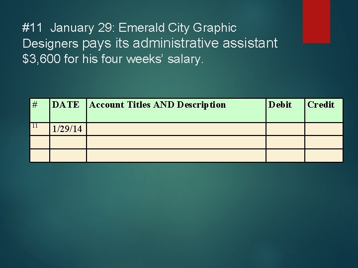 #11 January 29: Emerald City Graphic Designers pays its administrative assistant $3, 600 for