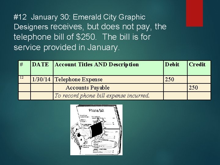 #12 January 30: Emerald City Graphic Designers receives, but does not pay, the telephone