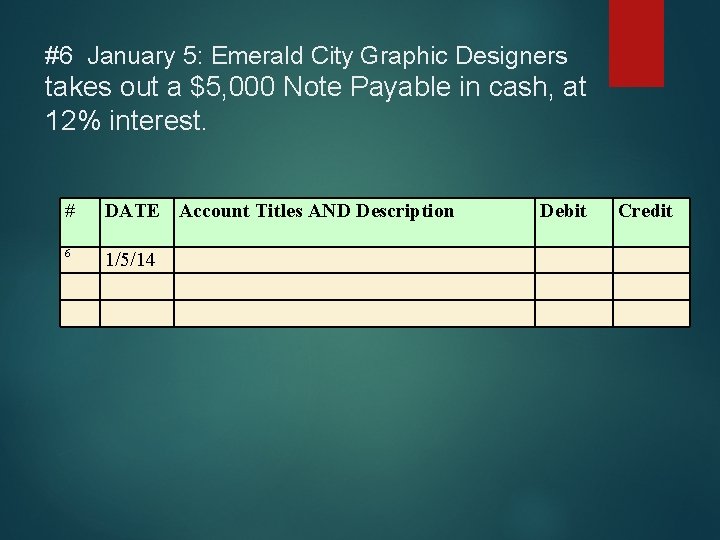 #6 January 5: Emerald City Graphic Designers takes out a $5, 000 Note Payable