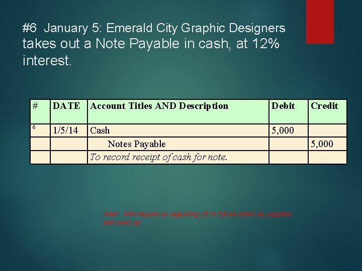 #6 January 5: Emerald City Graphic Designers takes out a Note Payable in cash,