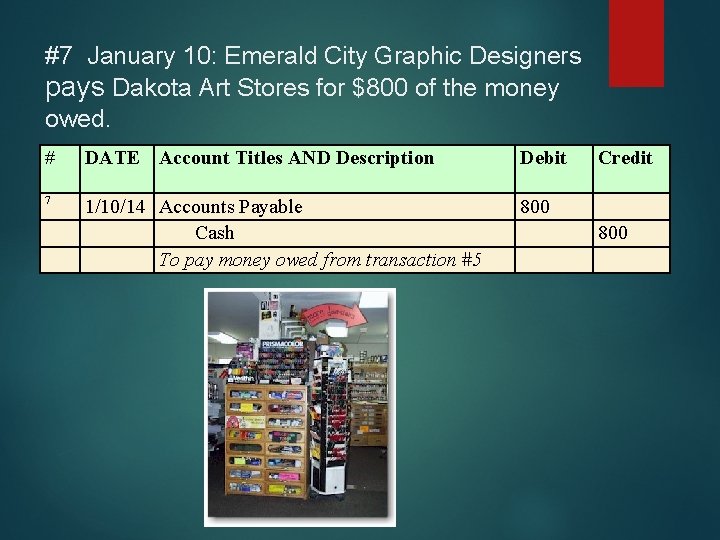 #7 January 10: Emerald City Graphic Designers pays Dakota Art Stores for $800 of