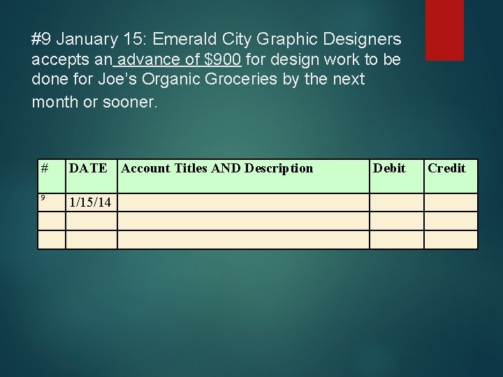 #9 January 15: Emerald City Graphic Designers accepts an advance of $900 for design