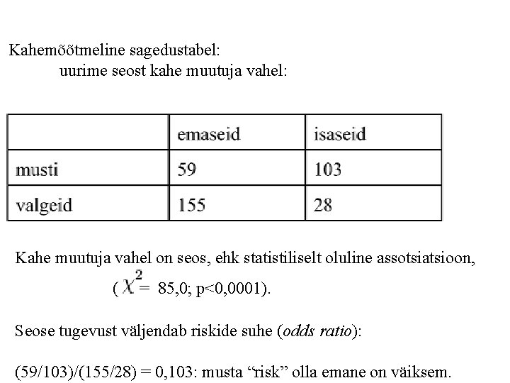 Kahemõõtmeline sagedustabel: uurime seost kahe muutuja vahel: Kahe muutuja vahel on seos, ehk statistiliselt