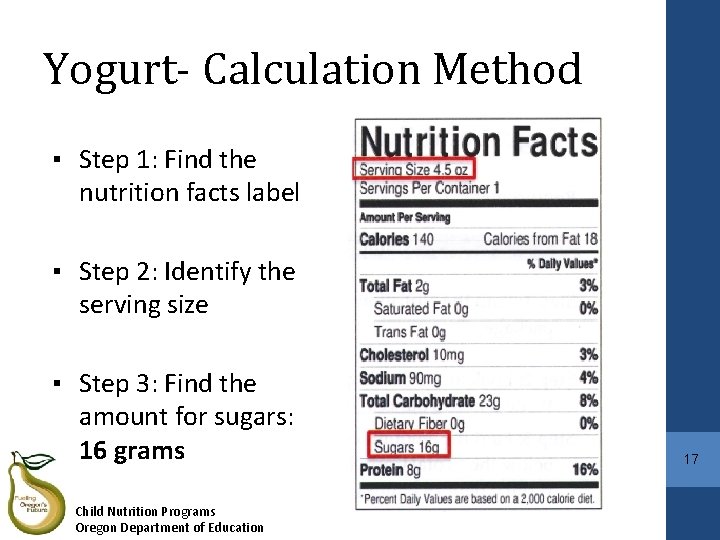 Yogurt- Calculation Method ▪ Step 1: Find the nutrition facts label ▪ Step 2: