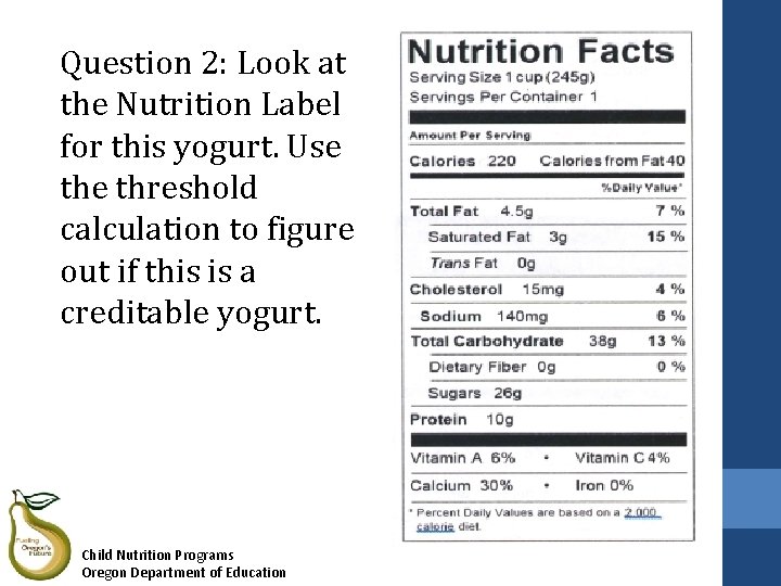 Question 2: Look at the Nutrition Label for this yogurt. Use threshold calculation to