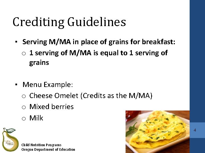 Crediting Guidelines ▪ Serving M/MA in place of grains for breakfast: o 1 serving