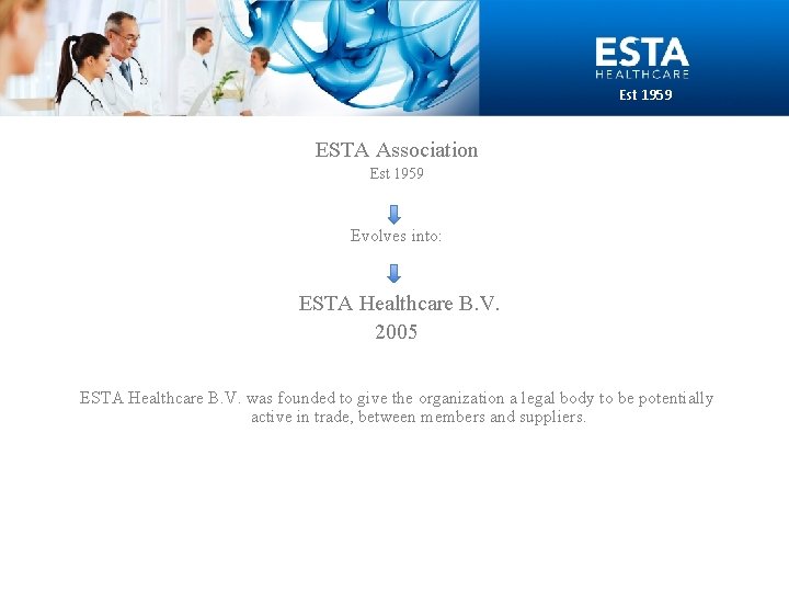 Est 1959 ESTA Association Est 1959 Evolves into: ESTA Healthcare B. V. 2005 ESTA