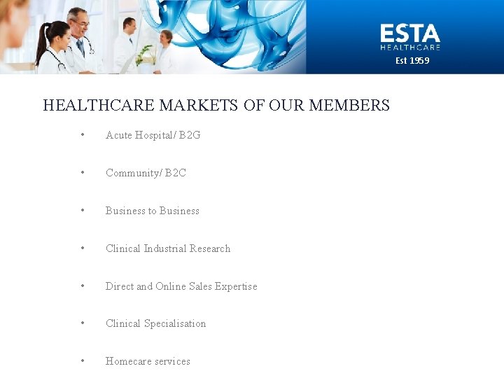 Est 1959 HEALTHCARE MARKETS OF OUR MEMBERS • Acute Hospital/ B 2 G •