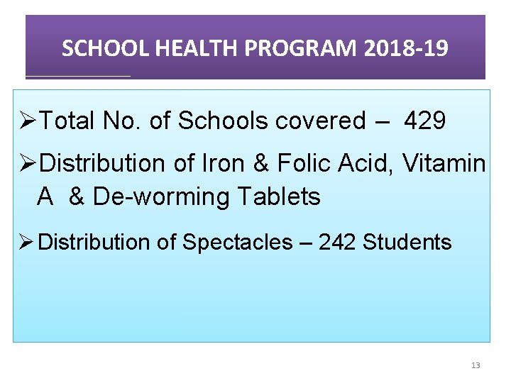 SCHOOL HEALTH PROGRAM 2018 -19 ØTotal No. of Schools covered – 429 ØDistribution of