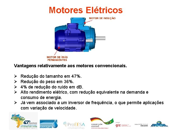 Motores Elétricos Vantagens relativamente aos motores convencionais. Ø Ø Redução do tamanho em 47%.