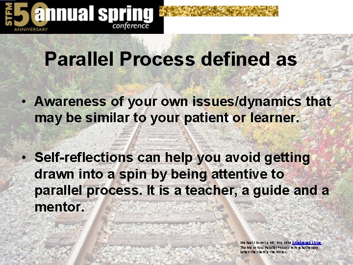 Parallel Process defined as • Awareness of your own issues/dynamics that may be similar