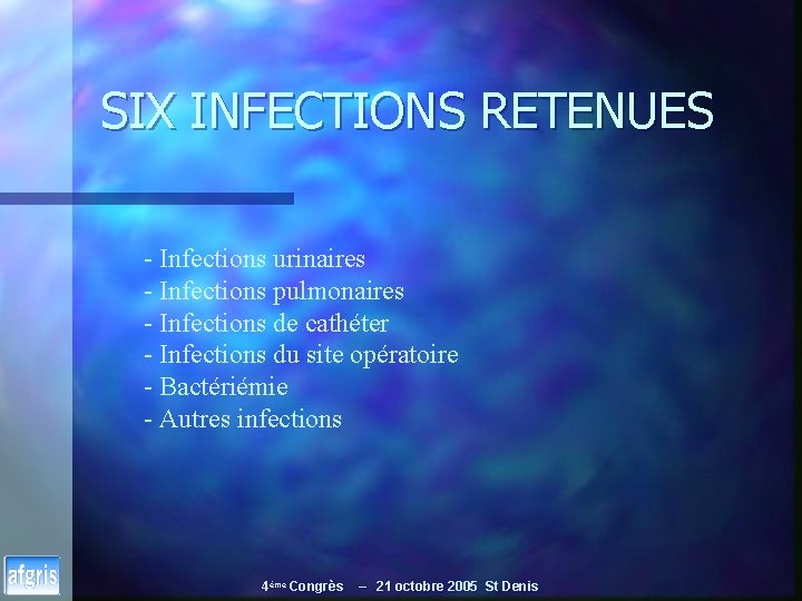 SIX INFECTIONS RETENUES - Infections urinaires - Infections pulmonaires - Infections de cathéter -