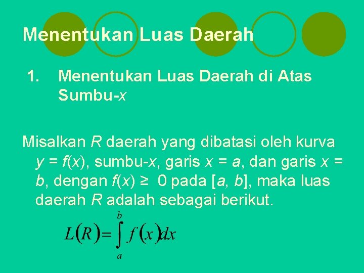 Menentukan Luas Daerah 1. Menentukan Luas Daerah di Atas Sumbu-x Misalkan R daerah yang