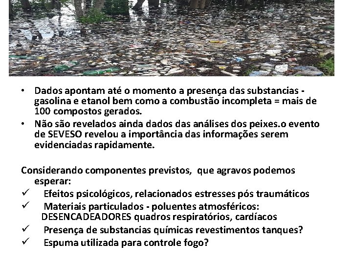  • Dados apontam até o momento a presença das substancias gasolina e etanol